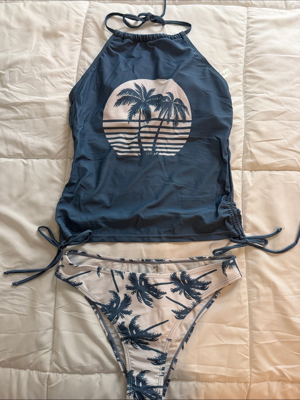 Blue and Cream Palm Tree Tankini Two-Piece Swim Set
